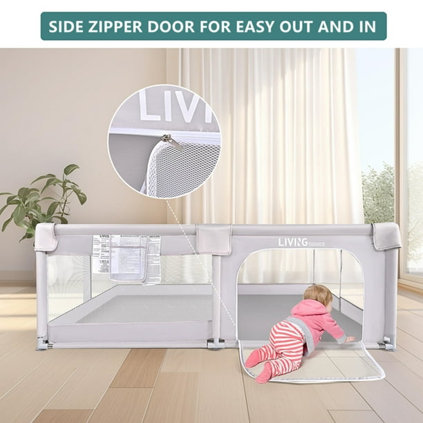 73"x61" Extra Large Baby Playpen, Kids Activity Safety Center with Zipper Door and Breathable Mesh ,Sturdy Play Yard for Babies and Toddlers, Light Grey