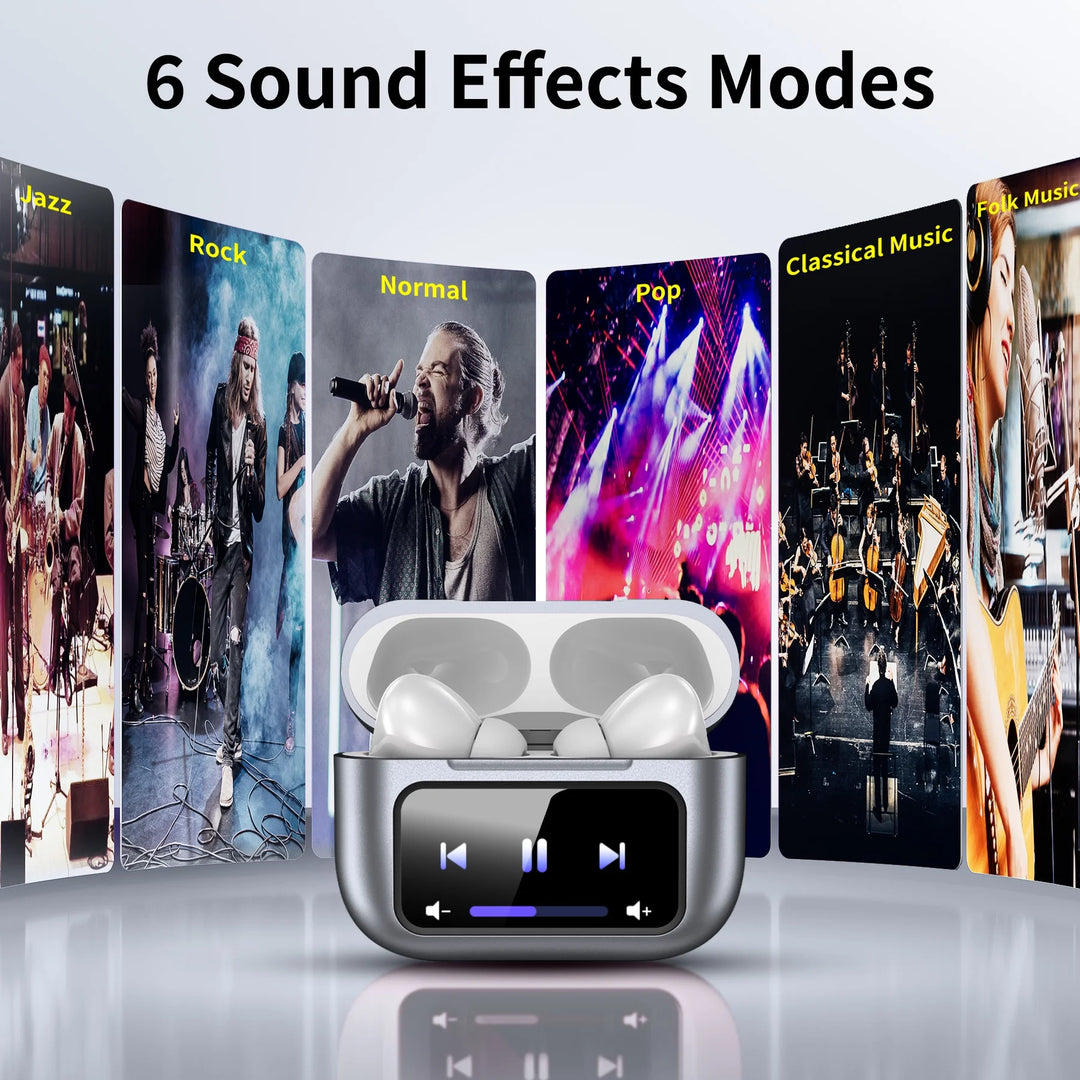 Wireless Bluetooth Touchscreen Earbuds,75H Bass Stereo Ear Buds with 6 EQ Modes,Multifunction LED Full Color VEATOOL Touchscreen Wireless Earphones with ENC Mic,ANC Noise Cancelling/Transparency Mode