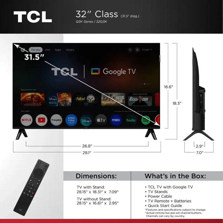 TCL - 32" Class Q3K Series 1080P FHD QLED Smart TV with Google TV (2025)
