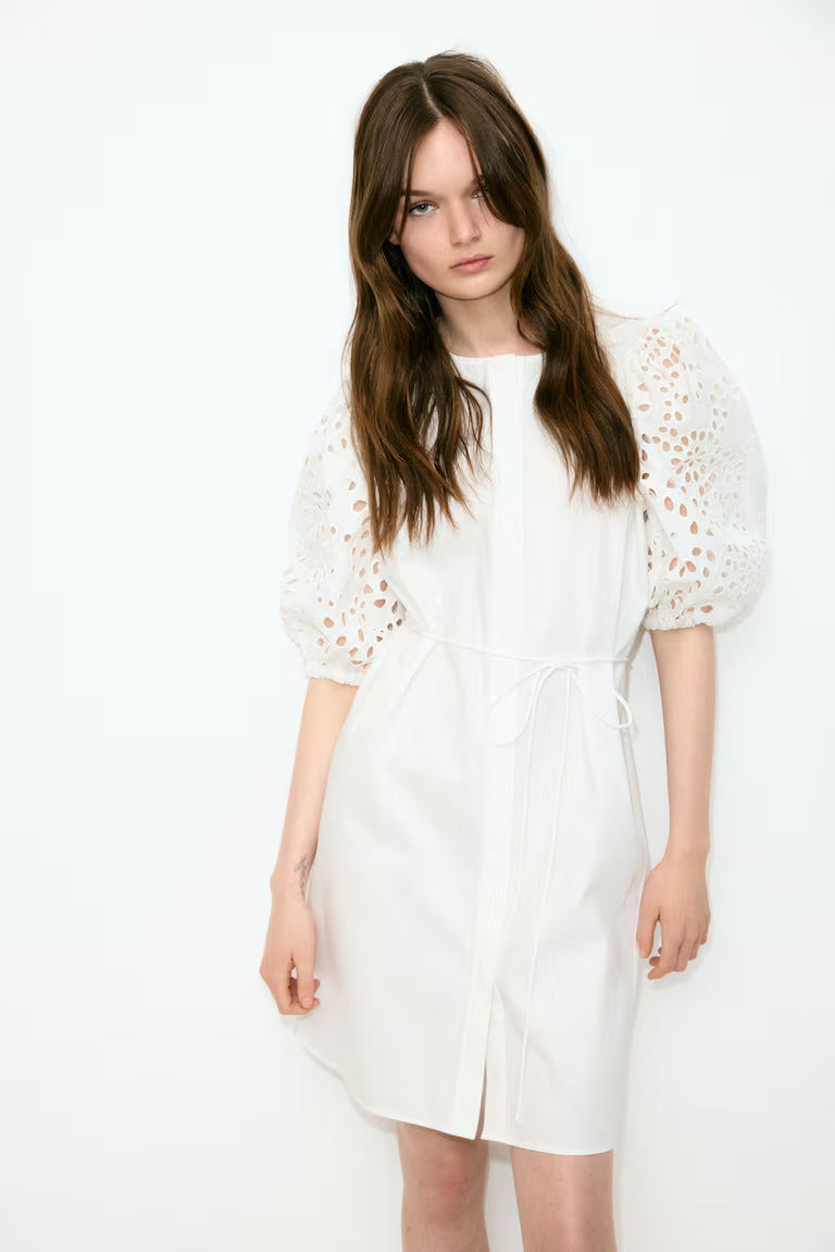 H&M Dress with Eyelet-Embroidered Sleeves