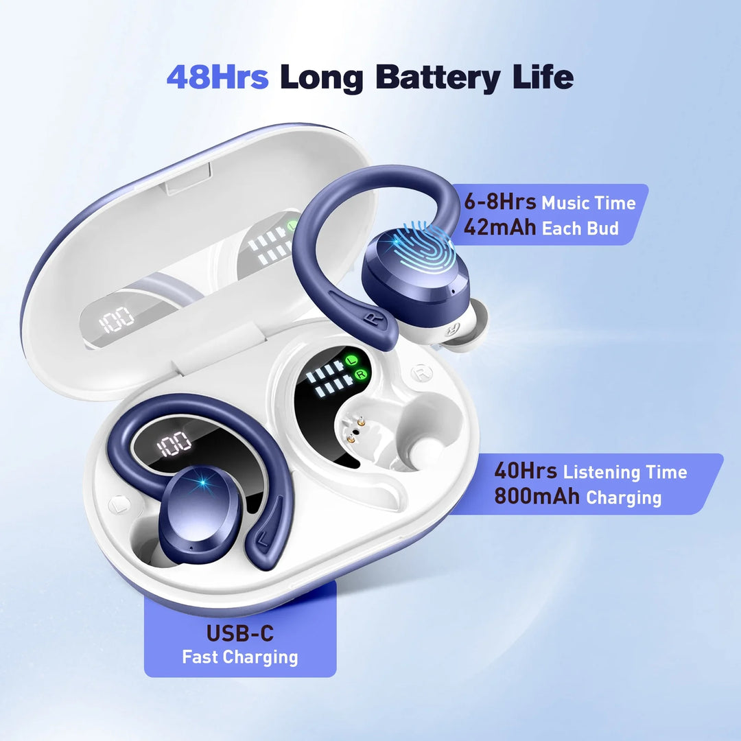 ETEPEHI Wireless Earbuds - ETEPPEHI Bluetooth 5.3 Stereo Ear Buds with Earhooks, ENC Noise Cancelling Mic, IP7 Waterproof Earphone for Workout/Running, Blue