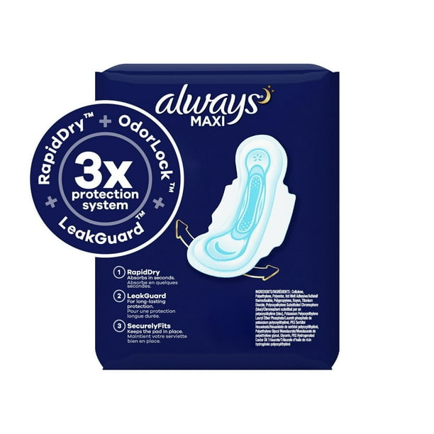 Tampax Always Maxi Overnight Pads with Wings for Women, Size 4, Overnight Absorbency, Unscented, 33CT