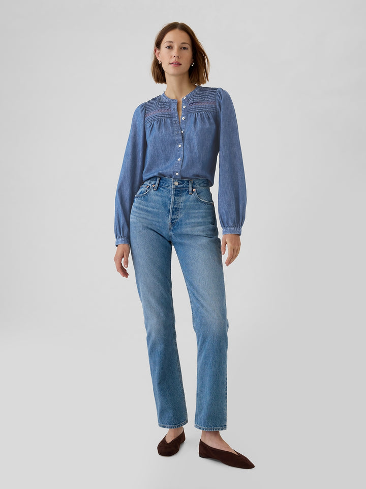 Gap Puff-Sleeve Lace-Trim Denim Shirt
