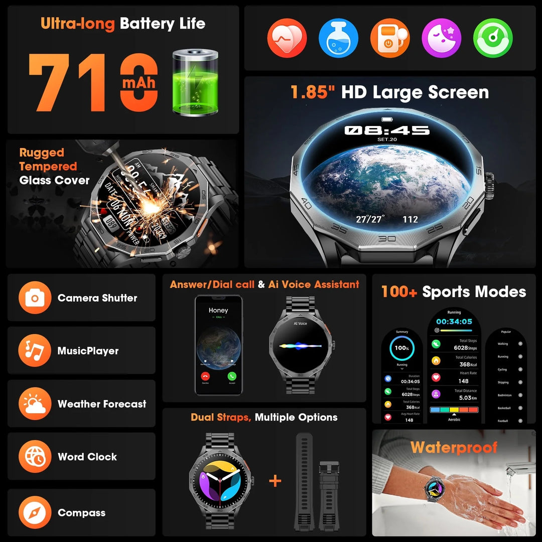 Mingdaln 2025 New 1.85 inch Men's Military Smart Watch fits for Android and Iphone Devices (Black)
