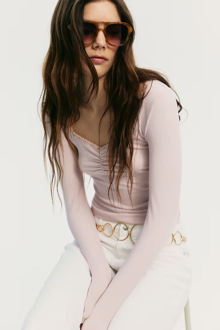 H&M LACE-TRIMMED RIBBED TOP