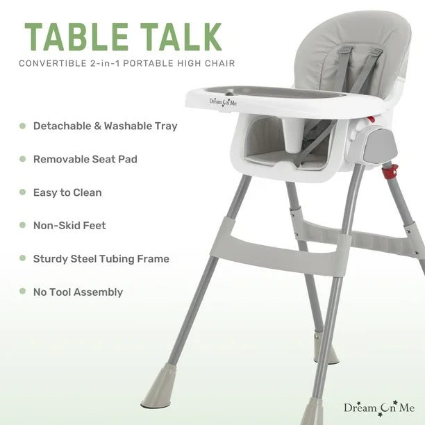 Dream On Me Portable 2 In 1 Table Talk High Chair |Convertible |Compact High Chair |Light Weight Portable Highchair