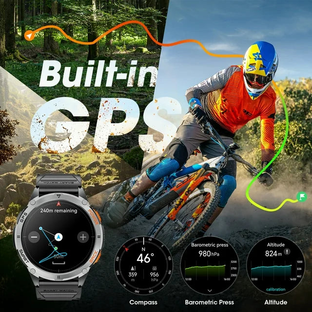 Mingdaln GPS Military Smart Watch for Men, with Compass/5ATM Waterproof/530mAh Large Battery/Answer & Make Calls, 1.43-Inch AMOLED Screen, fits for Android & Iphone Devices (Black)