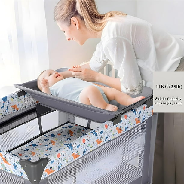 LIVINGbasics  Portable Baby Playard with Changing Table and Bassinet, Foldable Nursery Center Travel Playard Baby Playpen Crib Bed, Grey