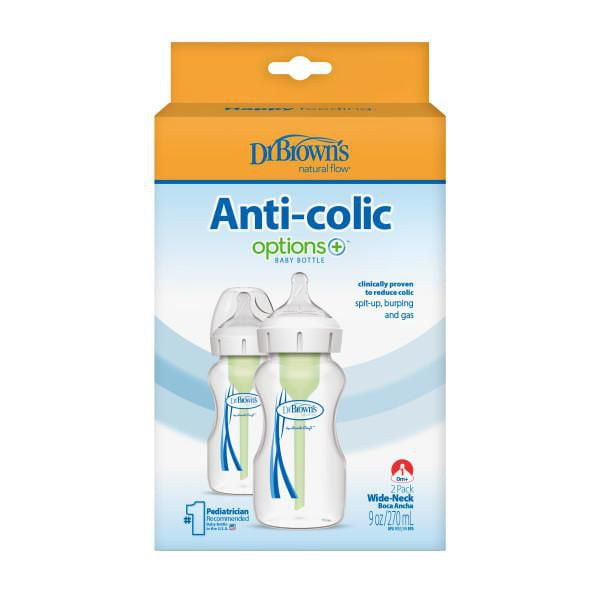 Dr. Brown’s® Natural Flow Anti-Colic Options+ Wide-Neck Baby Bottle, 9 oz/270 mL, Level 1 Nipple, 2-Pack, 0m+, 9 oz, 2 Pack