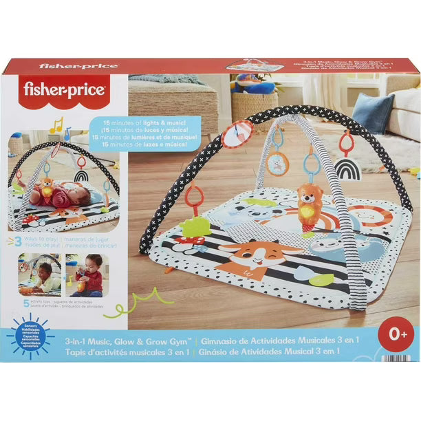 Fisher-Price 3-in-1 Music Glow and Grow Gym Infant Playmat with Lights & Removable Toys, Ages 0+