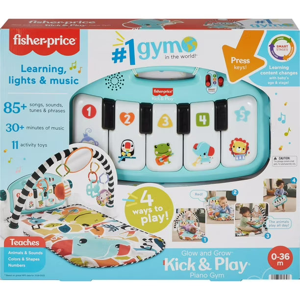 Fisher-Price Glow and Grow Kick & Play Piano Gym Baby Playmat with Musical Learning Toy - English Version, 0-36 months