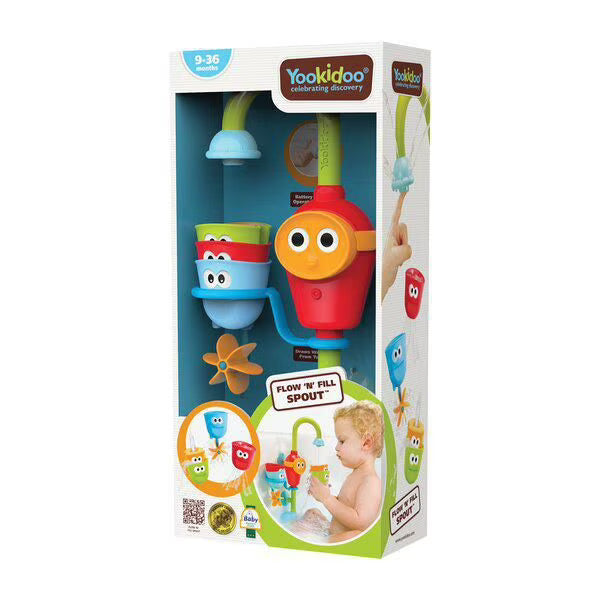 Yookidoo Toddler Bath Toy - Flow N Fill Spout - Three Stackable Play Cups and Water Spray Spout For Kids Bathtime Fun, Multi-functional motorized bath toy