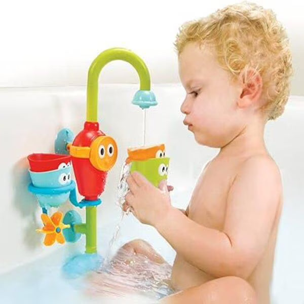 Yookidoo Toddler Bath Toy - Flow N Fill Spout - Three Stackable Play Cups and Water Spray Spout For Kids Bathtime Fun, Multi-functional motorized bath toy