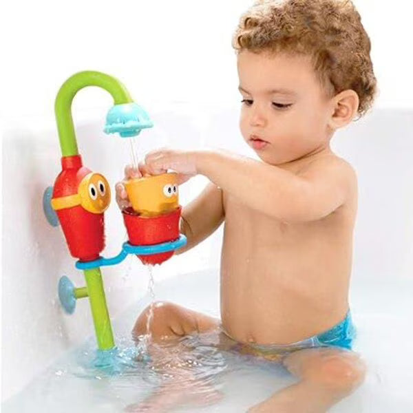 Yookidoo Toddler Bath Toy - Flow N Fill Spout - Three Stackable Play Cups and Water Spray Spout For Kids Bathtime Fun, Multi-functional motorized bath toy