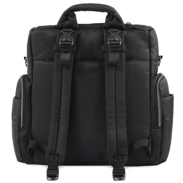 Fisher-Price Madison Crossbody Tote and Diaper Bag Backpack with Matching 6-Ply Fold Changing Pad, Insulated Bottle Pocket, Electronics Pocket, Stroller Straps and Dual Zipper Closure in Black, 11 pockets