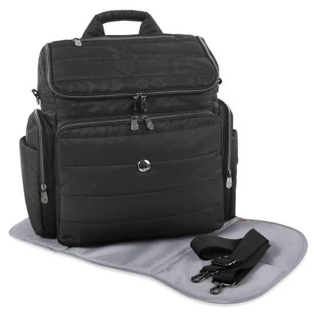 Fisher-Price Madison Crossbody Tote and Diaper Bag Backpack with Matching 6-Ply Fold Changing Pad, Insulated Bottle Pocket, Electronics Pocket, Stroller Straps and Dual Zipper Closure in Black, 11 pockets