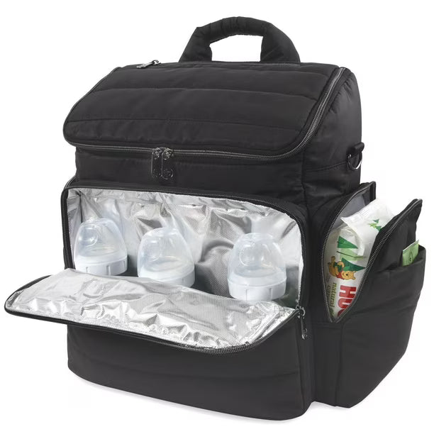 Fisher-Price Madison Crossbody Tote and Diaper Bag Backpack with Matching 6-Ply Fold Changing Pad, Insulated Bottle Pocket, Electronics Pocket, Stroller Straps and Dual Zipper Closure in Black, 11 pockets