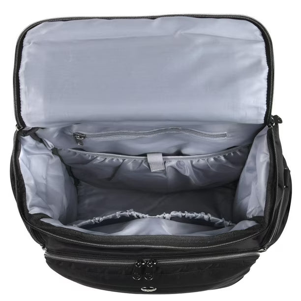 Fisher-Price Madison Crossbody Tote and Diaper Bag Backpack with Matching 6-Ply Fold Changing Pad, Insulated Bottle Pocket, Electronics Pocket, Stroller Straps and Dual Zipper Closure in Black, 11 pockets