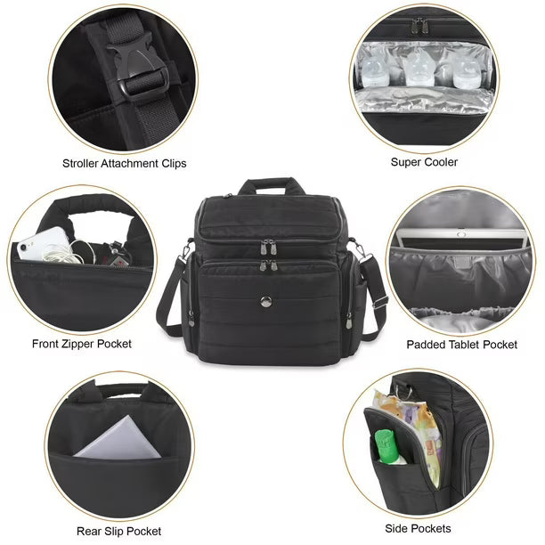 Fisher-Price Madison Crossbody Tote and Diaper Bag Backpack with Matching 6-Ply Fold Changing Pad, Insulated Bottle Pocket, Electronics Pocket, Stroller Straps and Dual Zipper Closure in Black, 11 pockets