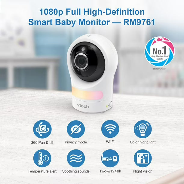 VTech RM9761 1080p WiFi Remote Access Video Baby Monitor with Night Light - White, RM9761