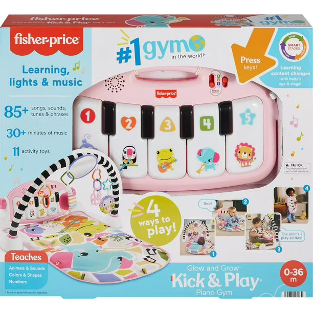 Fisher-Price Glow and Grow Kick & Play Piano Gym Baby Playmat with Musical Learning Toy - English Version, 0-36 months