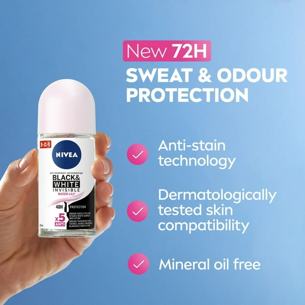 NIVEA Black & White Invisible 48H Protection Roll-On Anti-Perspirant - Water Lily, 50 mL