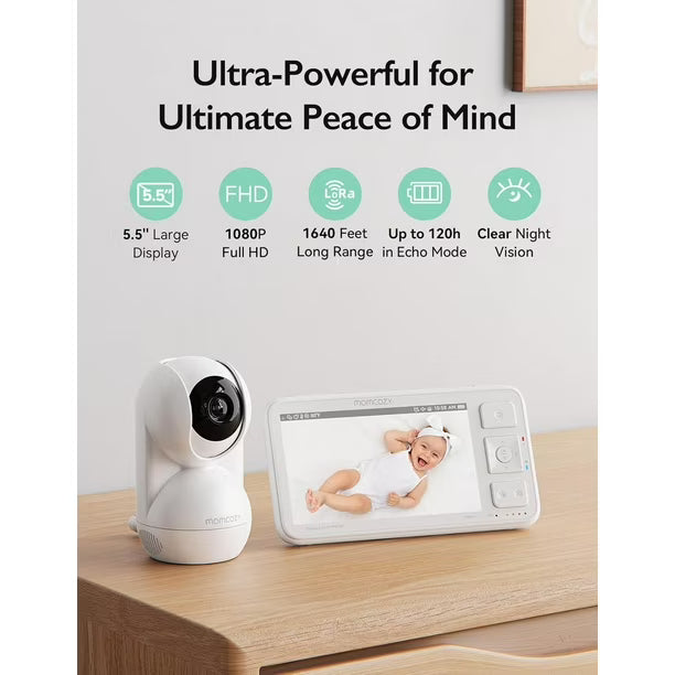 Momcozy Video Baby Monitor, 5.5” 1080P Full HD Baby Monitor with Camera No WiFi, Infrared Night Vision, 5800mAh 120-hrs Battery, ECO, VOX, 2-Way Audio, 1640ft Range, Record and Rewind Locally, BM03