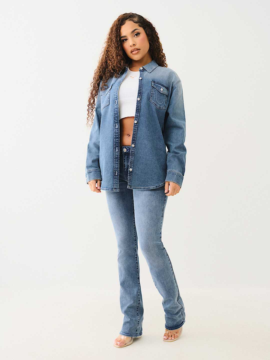 TRUE RELIGION OVERSIZED DENIM CRYSTAL LOGO LONG SLEEVE SHIRT