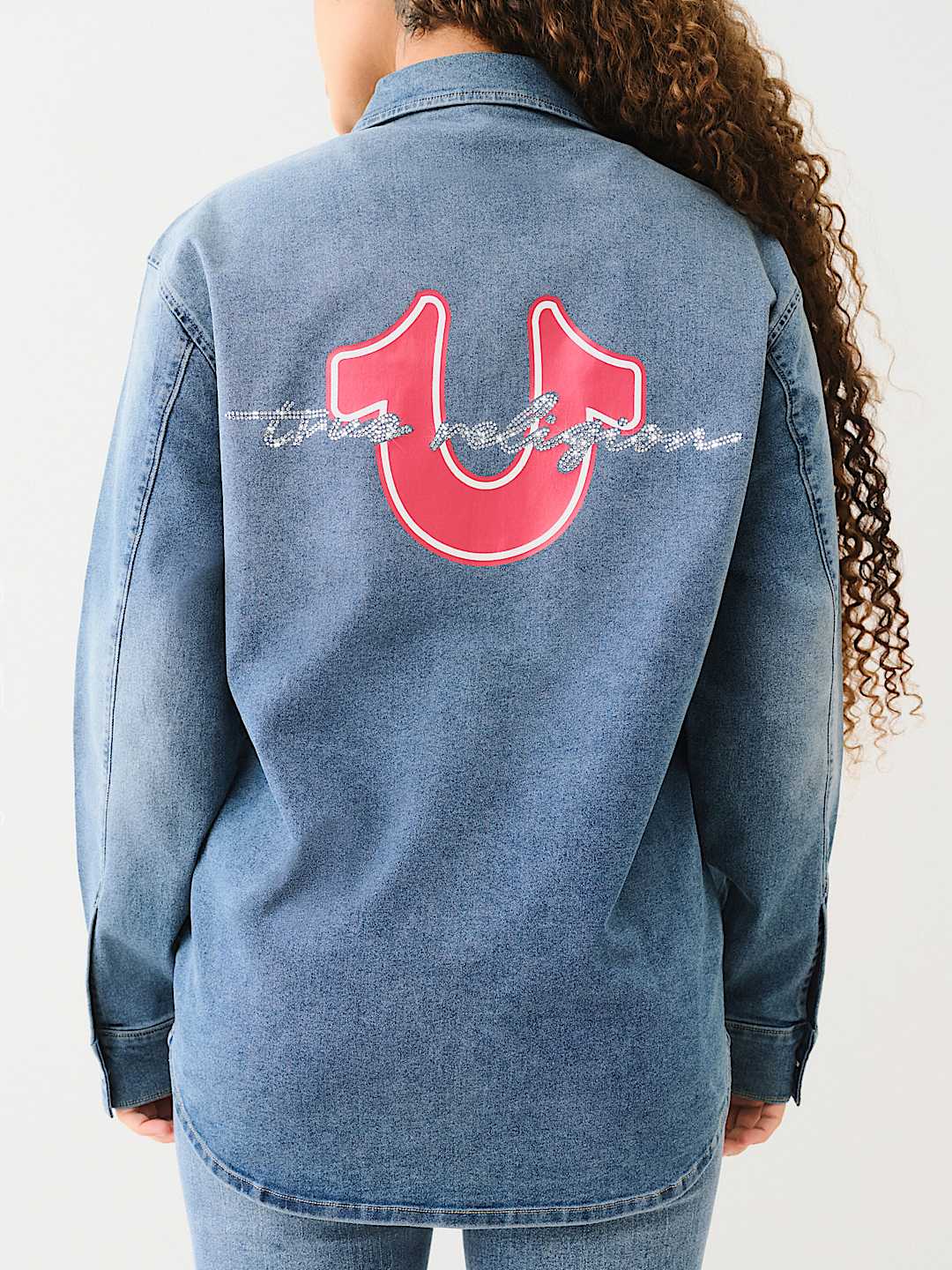 TRUE RELIGION OVERSIZED DENIM CRYSTAL LOGO LONG SLEEVE SHIRT
