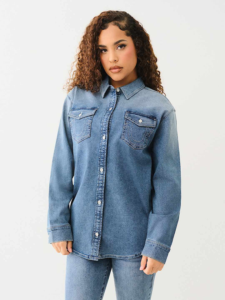 TRUE RELIGION OVERSIZED DENIM CRYSTAL LOGO LONG SLEEVE SHIRT