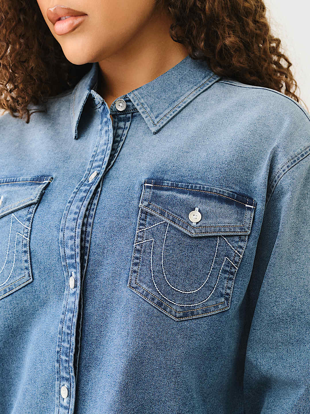 TRUE RELIGION OVERSIZED DENIM CRYSTAL LOGO LONG SLEEVE SHIRT