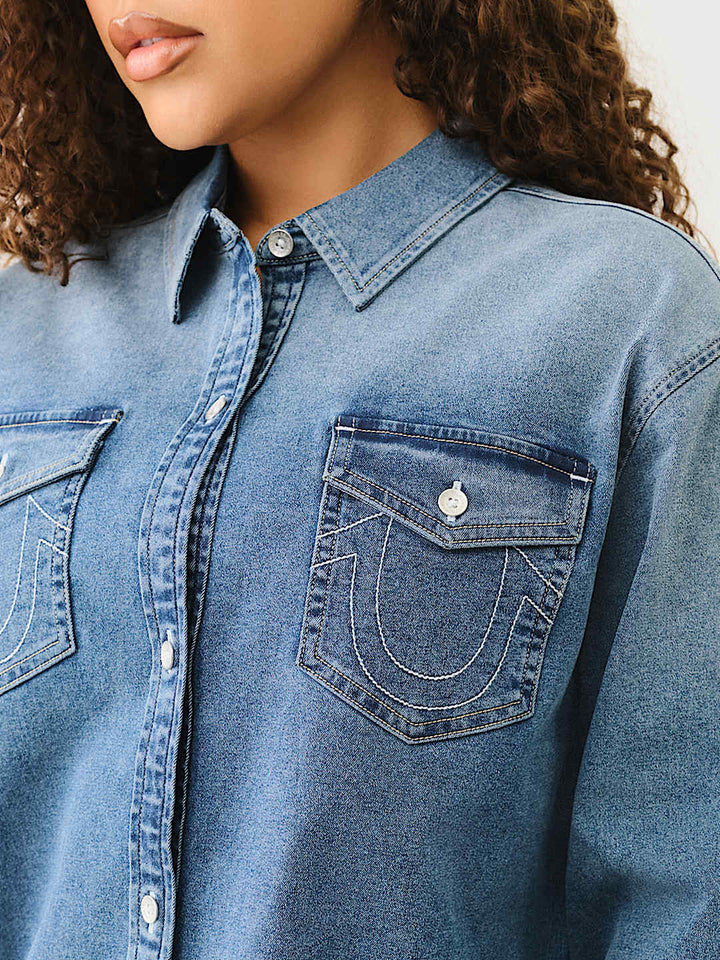 TRUE RELIGION OVERSIZED DENIM CRYSTAL LOGO LONG SLEEVE SHIRT