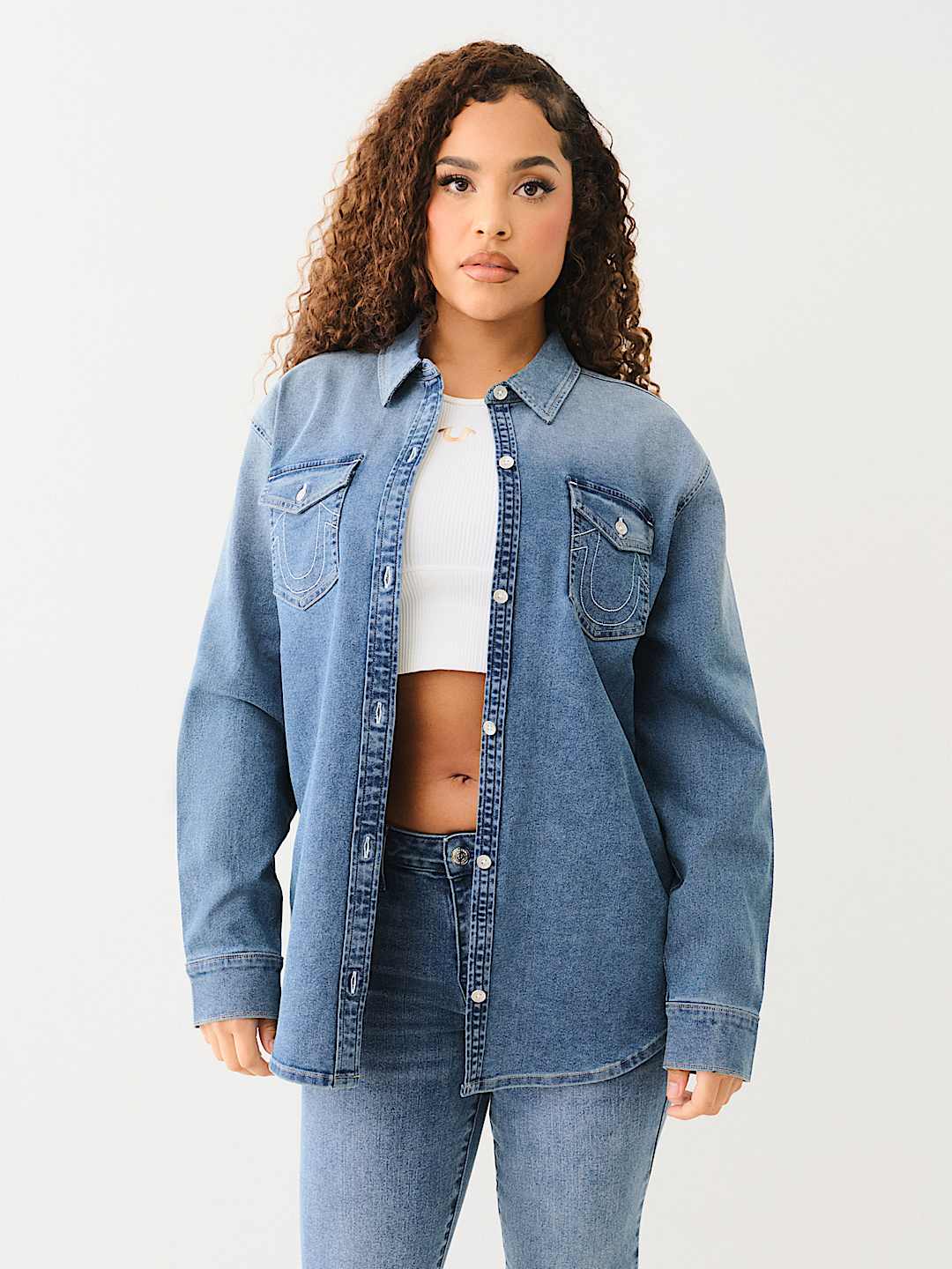 TRUE RELIGION OVERSIZED DENIM CRYSTAL LOGO LONG SLEEVE SHIRT