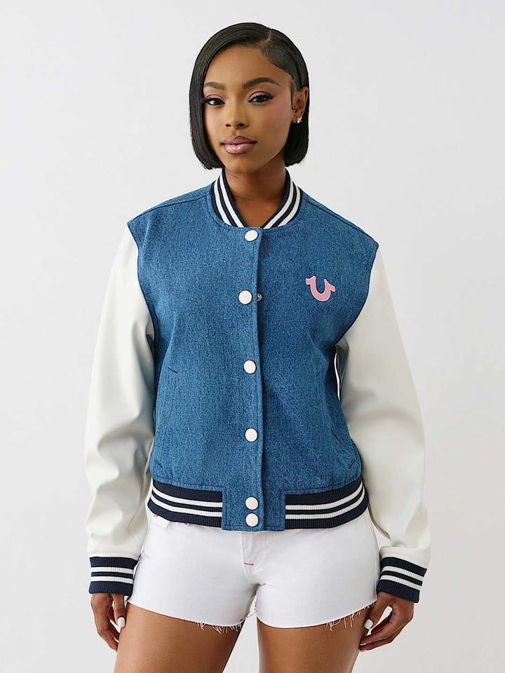 TRUE RELIGION DENIM BUDDHA VARSITY JACKET