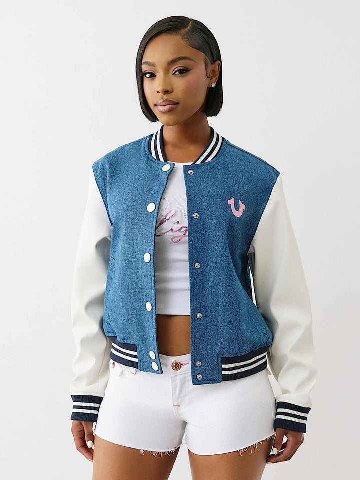 TRUE RELIGION DENIM BUDDHA VARSITY JACKET