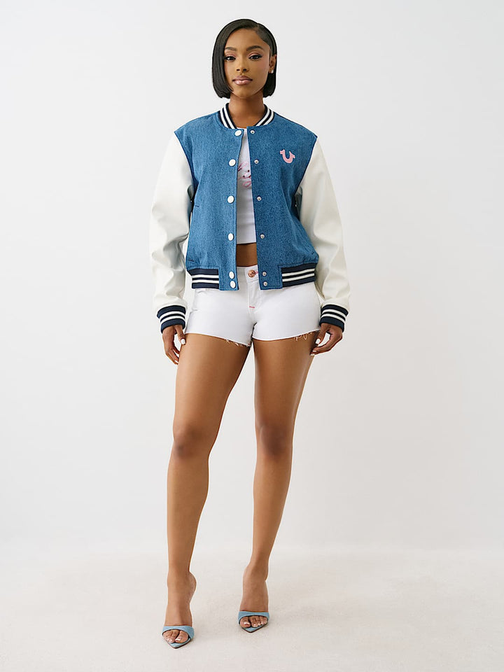 TRUE RELIGION DENIM BUDDHA VARSITY JACKET