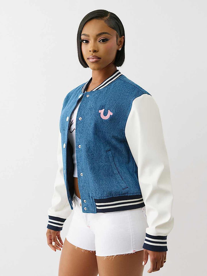 TRUE RELIGION DENIM BUDDHA VARSITY JACKET