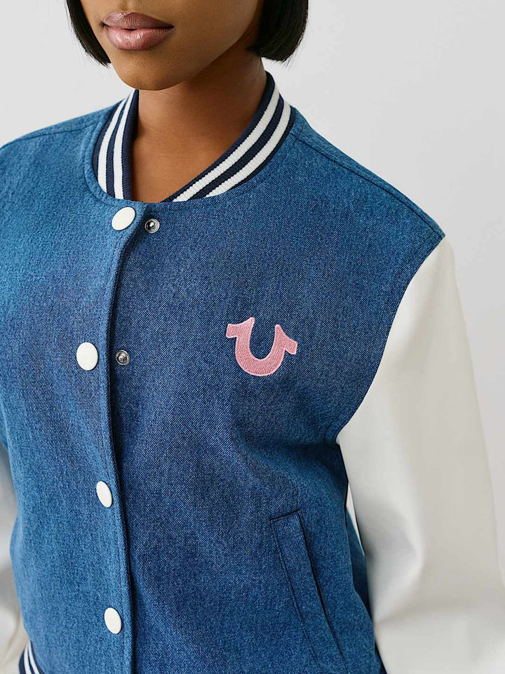 TRUE RELIGION DENIM BUDDHA VARSITY JACKET