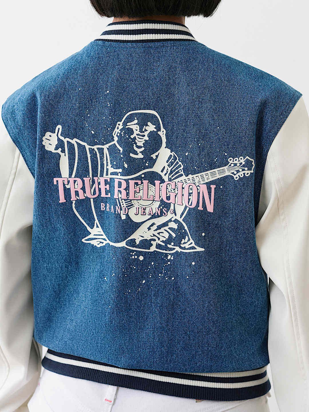 TRUE RELIGION DENIM BUDDHA VARSITY JACKET