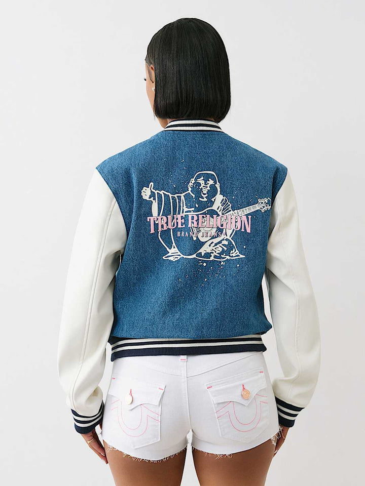 TRUE RELIGION DENIM BUDDHA VARSITY JACKET