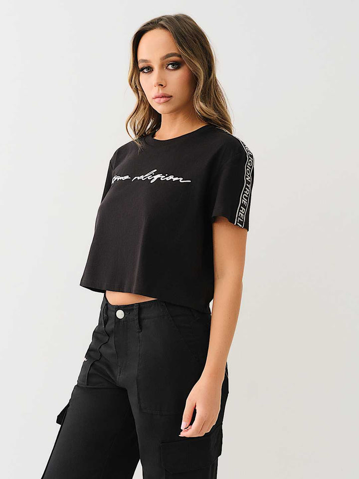TRUE RELIGION NEW MARKDOWN LOGO TAPING BOXY BABY TEE