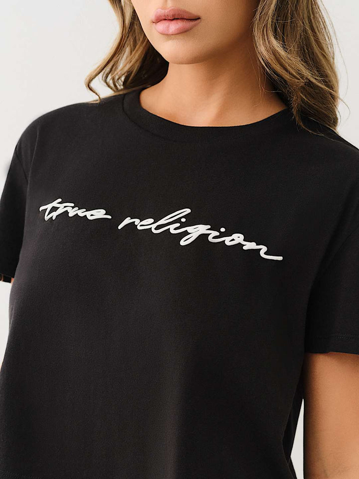 TRUE RELIGION NEW MARKDOWN LOGO TAPING BOXY BABY TEE