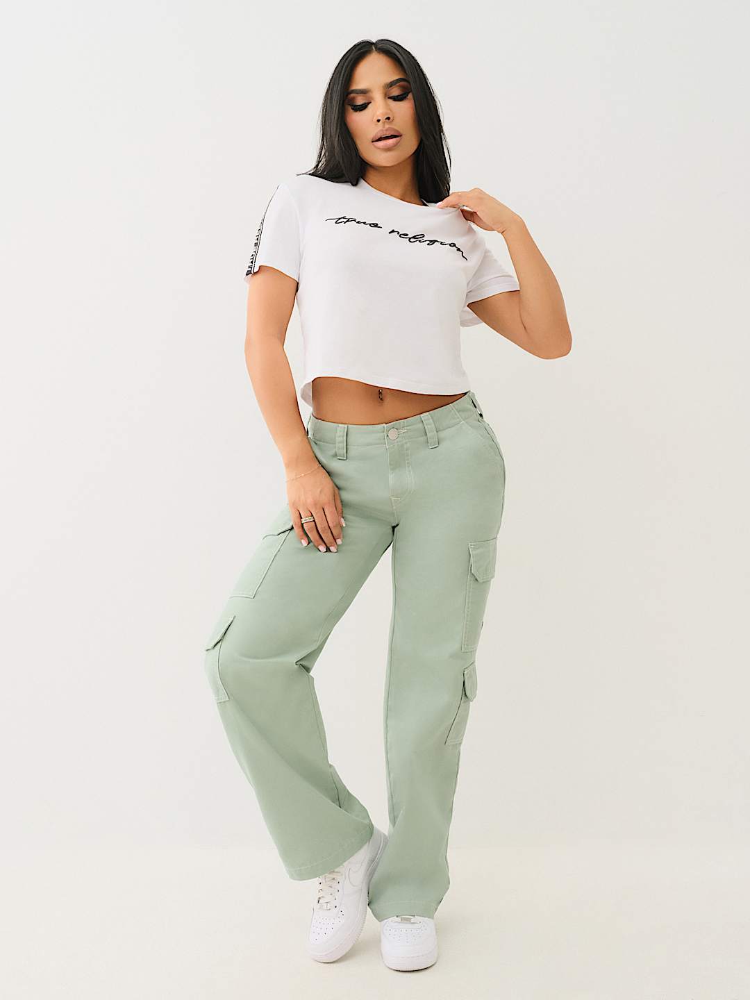 TRUE RELIGION NEW MARKDOWN LOGO TAPING BOXY BABY TEE