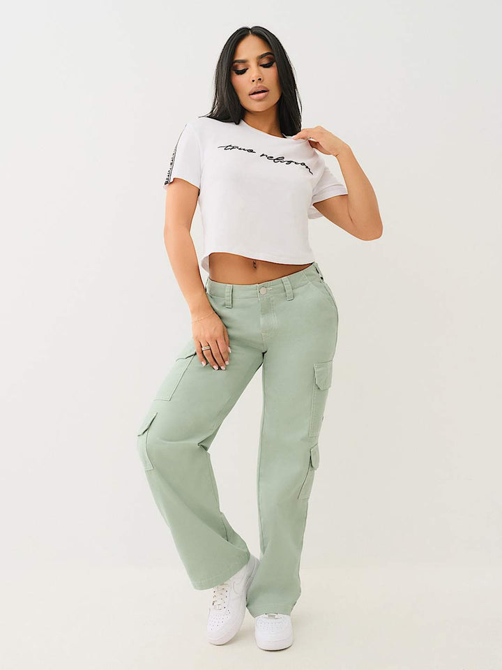TRUE RELIGION NEW MARKDOWN LOGO TAPING BOXY BABY TEE