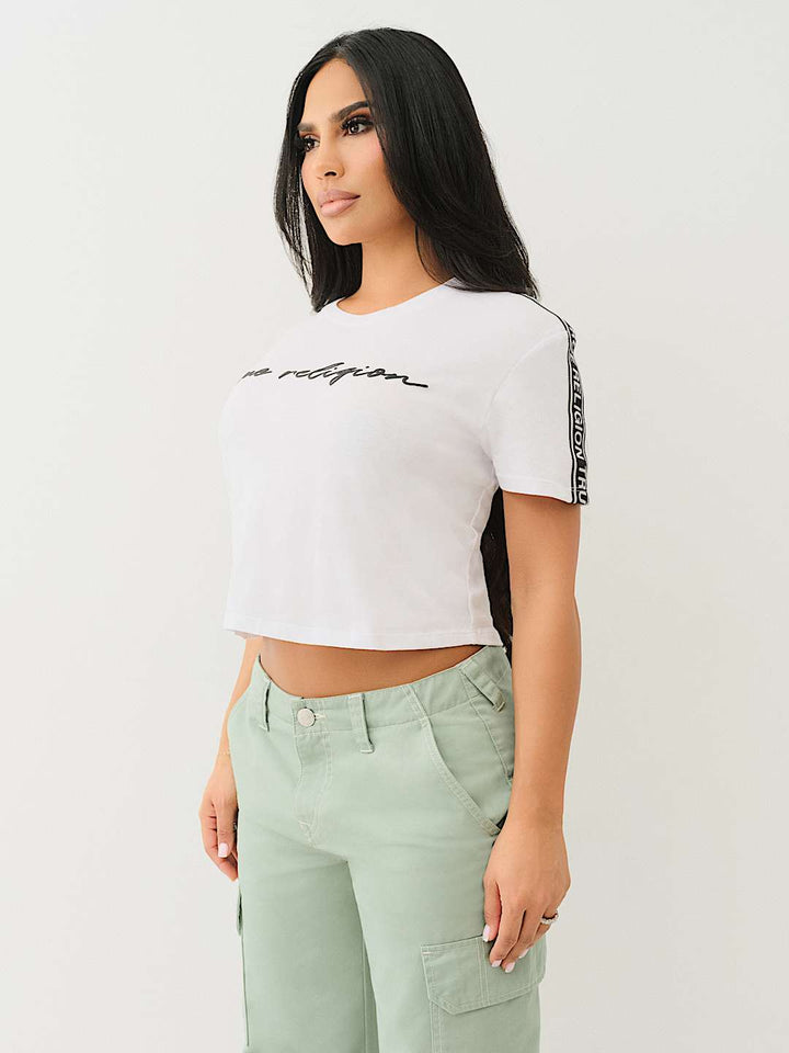 TRUE RELIGION NEW MARKDOWN LOGO TAPING BOXY BABY TEE