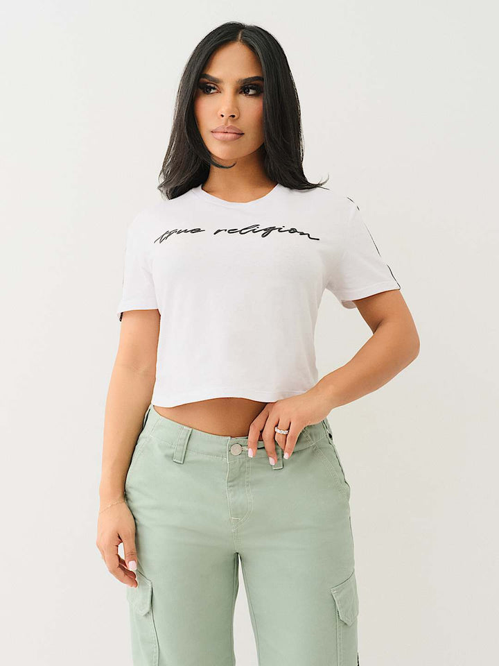 TRUE RELIGION NEW MARKDOWN LOGO TAPING BOXY BABY TEE