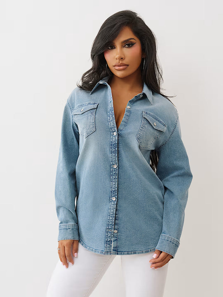 TRUE RELIGION OVERSIZED DENIM HORSESHOE SHIRT
