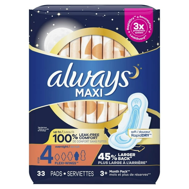 Tampax Always Maxi Overnight Pads with Wings for Women, Size 4, Overnight Absorbency, Unscented, 33CT