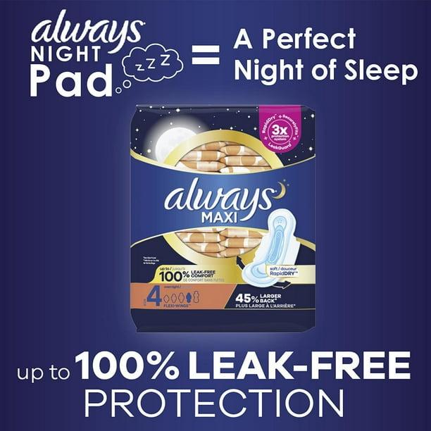 Tampax Always Maxi Overnight Pads with Wings for Women, Size 4, Overnight Absorbency, Unscented, 33CT