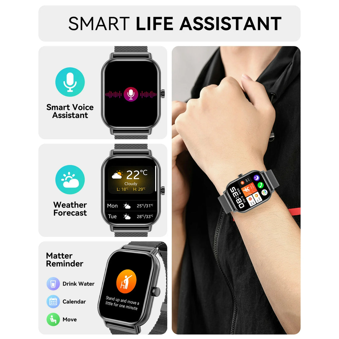 Mingdaln Smart Watch fits for Android and Iphone, IP68 Waterproof, Suitable for Women Men 100 Sports Modes 1.85 inch Fitness Tracker, with Answer/Make Calls/Message Reminder, （Milano Steel Band）